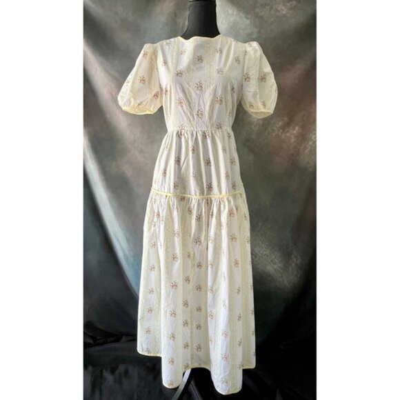 Glamorous Womens Floral Midi Dress Puff Sleeve Open Back Tie Yellow Trim - Picture 1 of 8